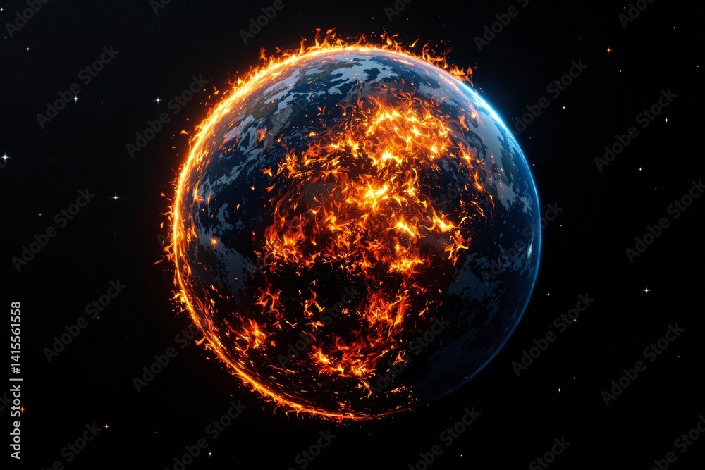 Obraz premium Earth covered in bright flames, digital artwork style, deep space background, concept of global warming and environmental catastrophe. Ai generative