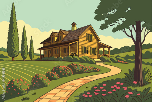 30 Luxurious wooden mansion, lush garden landscape, vibrant green lawn, colorful flowering bushes, tall cypress trees, brick pathway, rustic architecture, gabled roof, sunny day, blue sky, manicured g