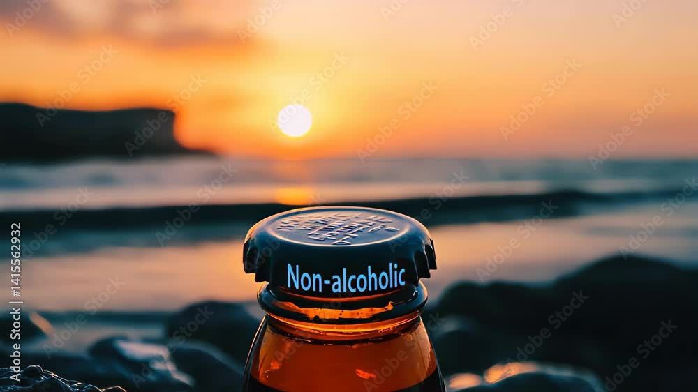 Non-alcoholic beverage bottle cap with condensation, emphasizing sober lifestyle choices and alcohol-free alternatives, for premium look banner