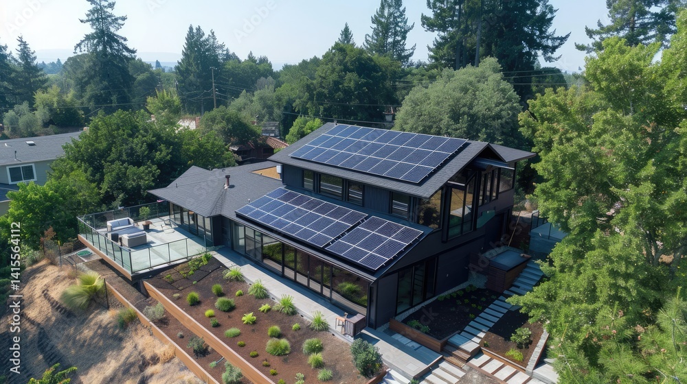 Modern eco-friendly home with solar panels, surrounded by lush greenery and a landscaped garden, showcasing sustainable living Modern eco-friendly home with solar panels, surrounded by lush greenery and a landscaped garden, showcasing sustainable living