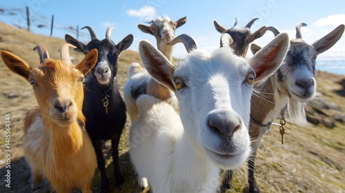 A herd of lively goats gather on a grassy hill posing with endearing and comical expressions in a selfie style composition against the backdrop of a rural barnyard landscape