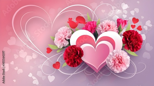 A carnation love illustration drawn on a subtle heart-shaped pattern background. Brightly colored hearts and red or pink carnations are drawn.