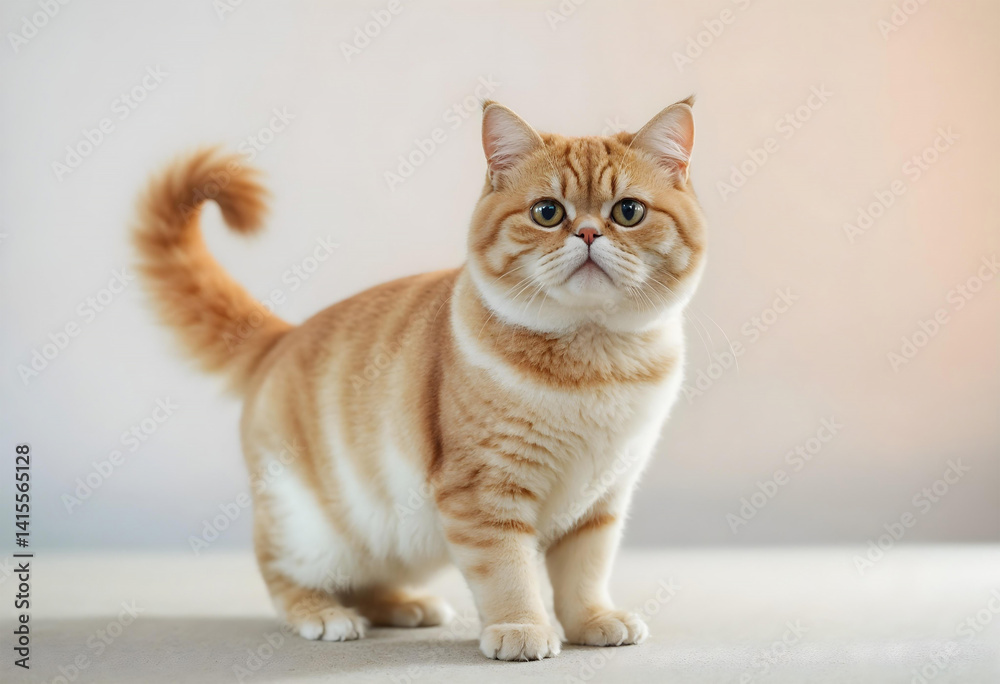 Obraz premium A tiger-striped orange exotic shorthair cat standing confidently on a soft background. Modern and adorable mood.