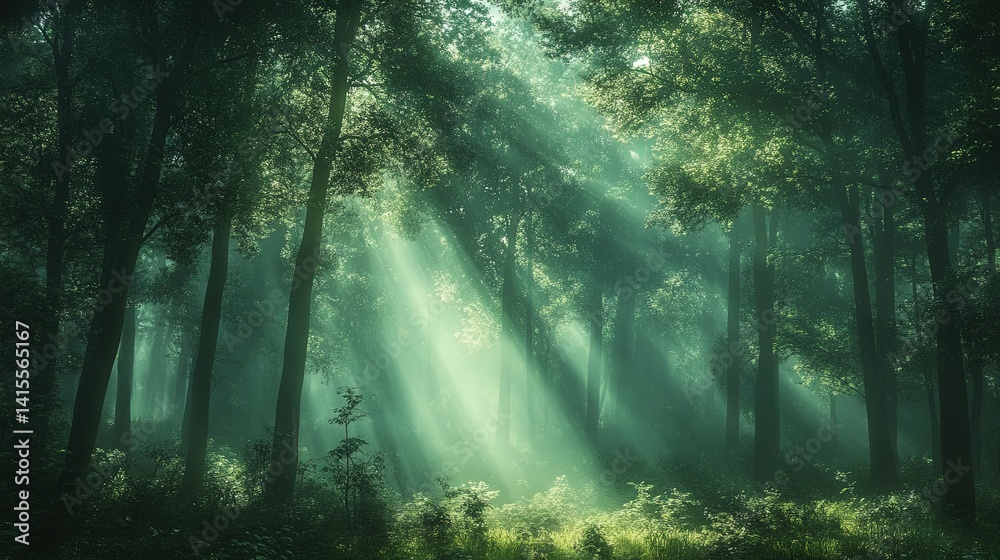 Obraz premium Sunlit Forest, Serene Morning