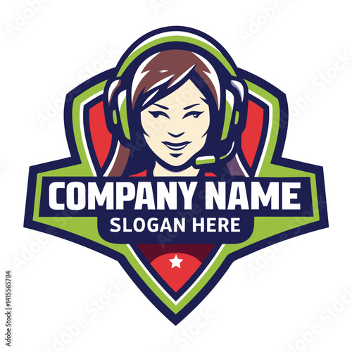 Gaming support logo.  Smiling woman wearing headphones