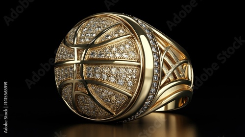 Luxurious gold championship ring designed in the shape of a basketball, showcasing intricate diamond details against a dark backdrop