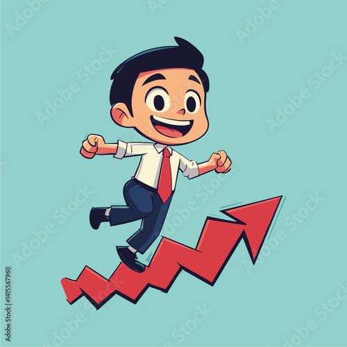 Cheerful Boy Running Up Red Arrow