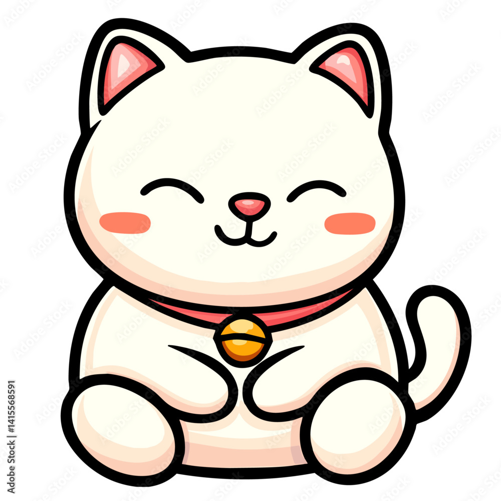 Fototapeta premium Sweet white cat with collar bell, happy maneki neko, doodle cartoon character, kawaii isolated cute clean and simple vector illustration