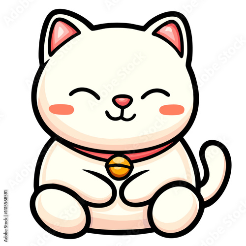 Sweet white cat with collar bell, happy maneki neko, doodle cartoon character, kawaii isolated cute clean and simple vector illustration
