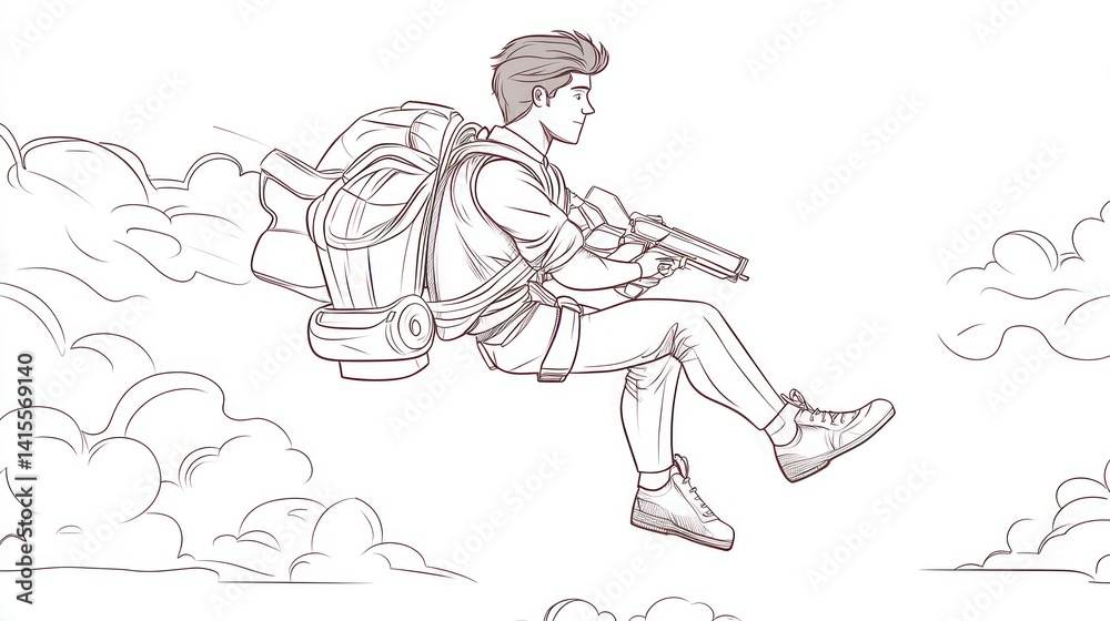 Fototapeta premium Sketch of a person flying on a jetpack backpack in the sky.