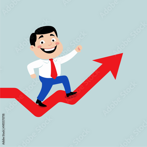 Cheerful Boy Running Up Red Arrow