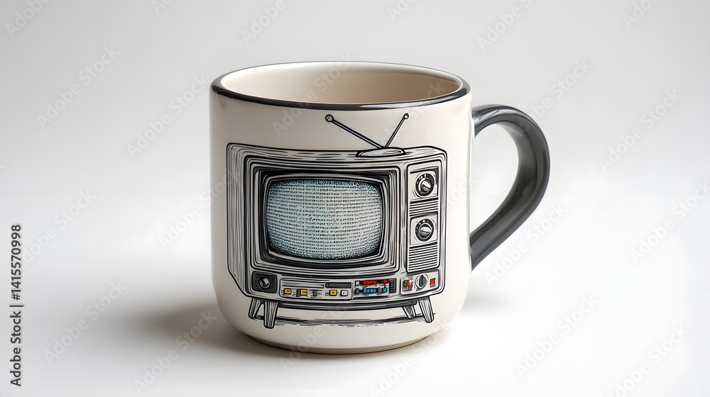 Fototapeta premium A vintage style ceramic mug shaped like a classic television set featuring a retro inspired screen print design with knobs and dials for a nostalgic decorative touch