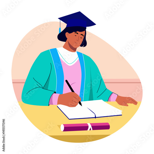 A flat style illustration of a writing girl