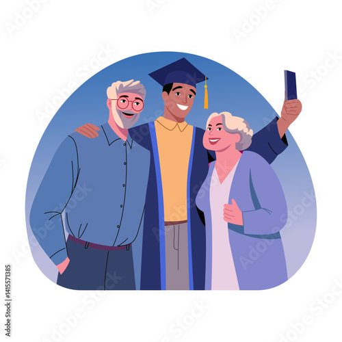 A flat style illustration of proud grandparents on graduation ceremony