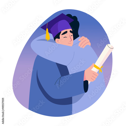 A father giving a tight embrace to his son, flat style illustration