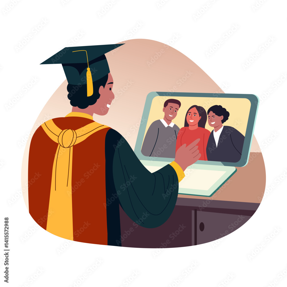 Obraz premium Flat illustration showing a graduating student doing a video talk to his family