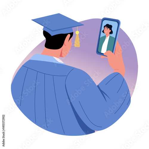 A graduate character doing a video call, flat style illustration