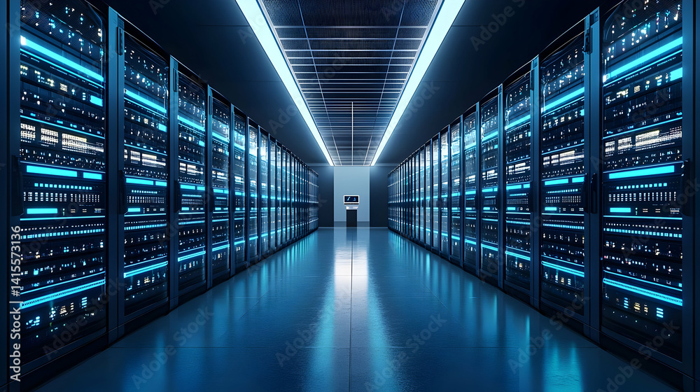 Modern Data Center Interior With Blue Lighting