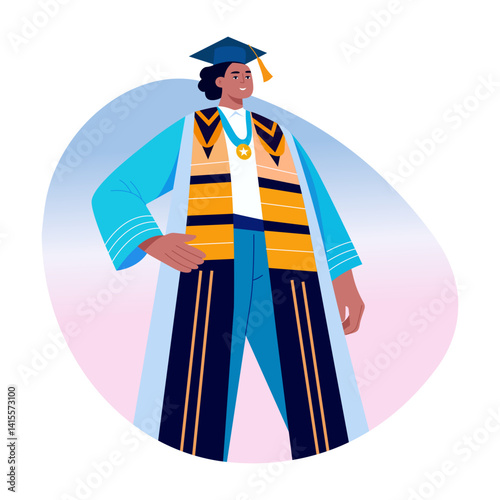 A character wearing graduation sash, flat illustration