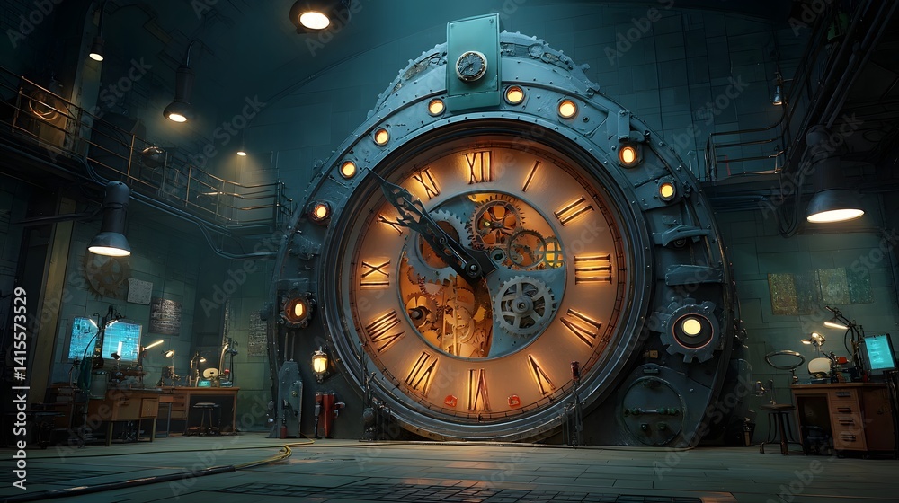 Obraz premium An elaborate clockwork inspired time gears and mechanisms glowing in the dim lighting of a mysterious steampunk style laboratory setting