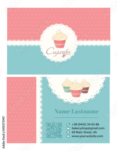 Cupcakes. Business card in retro style. Template with lace for bakery or cafe
