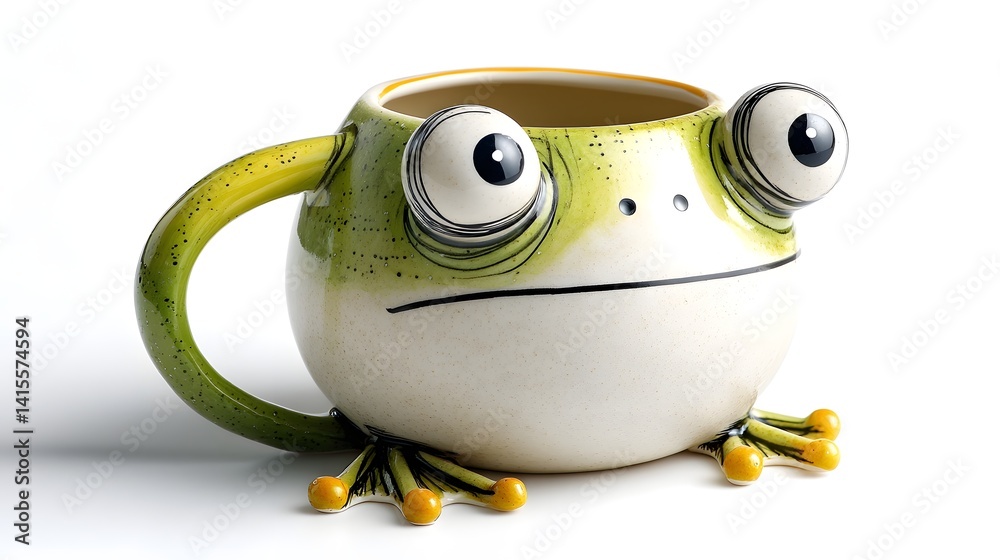 Brightly colored ceramic mug with a fun whimsical frog design featuring oversized expressive eyes and a charming playful aesthetic