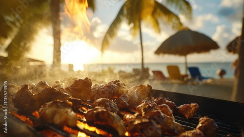 Close-up of jerk chicken sizzling on a charcoal grill, smoky flames, colorful Caribbean spices, beach in the background, palm trees, sunny light, authentic street food moment, warm tones