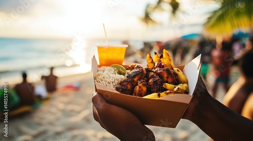 Takeaway box with Caribbean street food held near a beach market - jerk chicken, grilled plantains, and sorrel drink captured in a sunny tropical atmosphere.