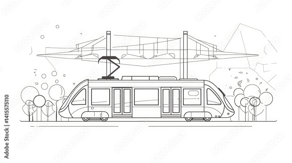 Fototapeta premium Modern tram design traveling through a futuristic urban landscape with trees and abstract structures in the background