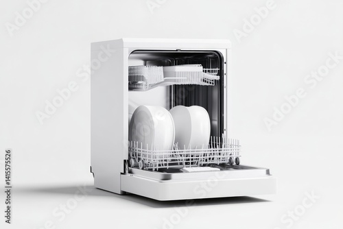 Modern white dishwasher with clean plates inside.  A modern, clean appliance design showcasing the interior space