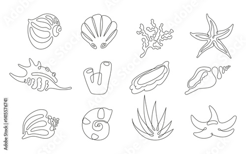Minimalist one line seashell illustration. Hand-drawn continuous line art of ocean shell, perfect for modern coastal decor, logo design, tattoos, packaging, and beach-themed projects. 