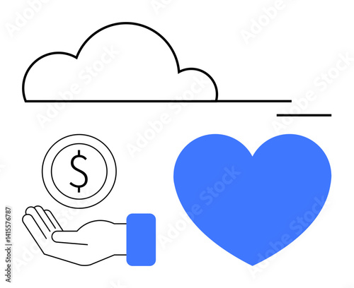 Hand holding coin, cloud, and large heart signify financial support, online services, charity, and care. Ideal for cloud computing, finance, donations sustainability heartful business community