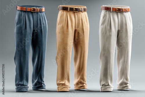 Three Colored Trousers with Belt on a Gray Background Displayed