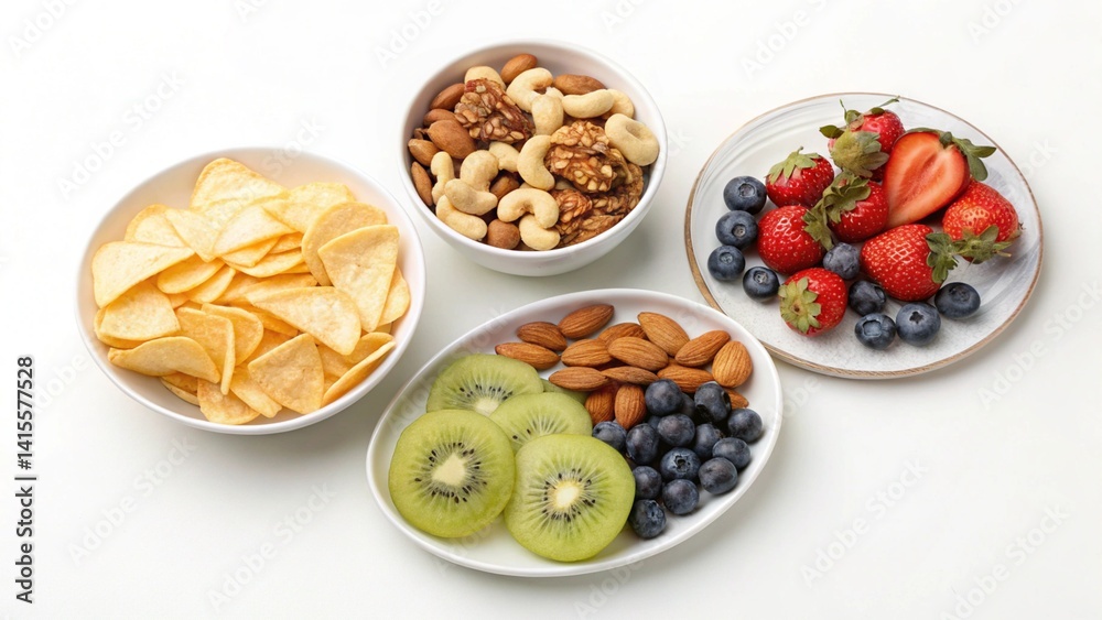 Healthy fruits & snacks on table