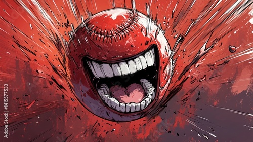 A vibrant illustration of a red baseball bursting with expressive teeth and a loud mouth, set against a dynamic background
