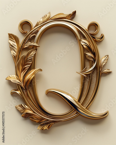 Golden Ornamental Letter Q with Leaf Embellishments on Beige Background