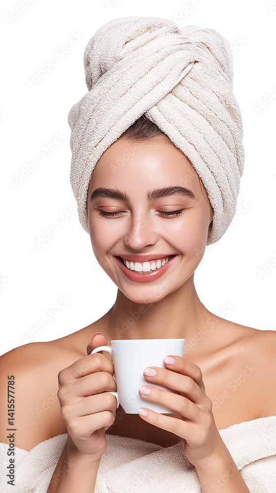 Woman enjoying a moment of relaxation with a warm beverage after a shower Woman enjoying a moment of relaxation with a warm beverage after a shower