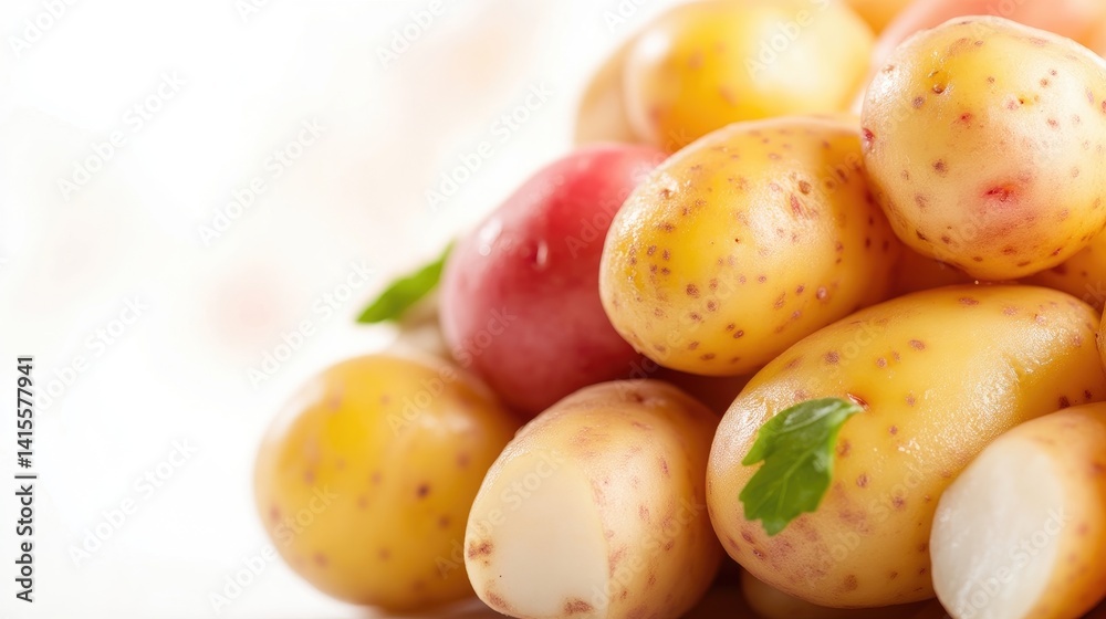 Fresh, colorful potatoes, a mix of yellow and red, ready to cook. Small, young potatoes, some halved, showing the inside. A few fresh green herbs are visible, adding visual appeal Fresh, colorful potatoes, a mix of yellow and red, ready to cook. Small, young potatoes, some halved, showing the inside. A few fresh green herbs are visible, adding visual appeal