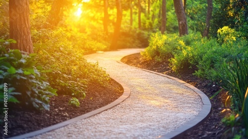 A winding stone path leads through a sunny vibrant garden space