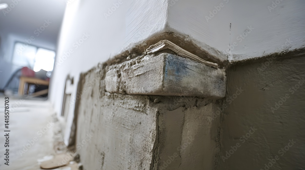 Close up view of a well executed corner where two plastered cement walls meet creating a seamless and uniform edge Close up view of a well executed corner where two plastered cement walls meet creating a seamless and uniform edge