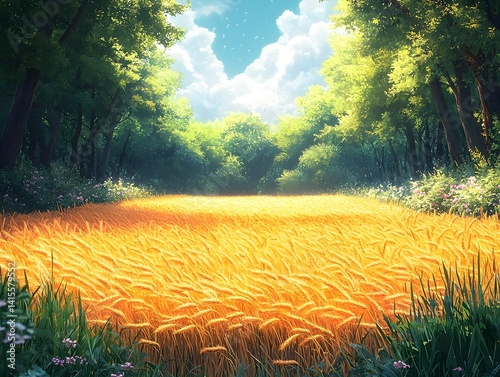 A golden wheat field surrounded by a lush green forest with the wind creating gentle waves through the stalks