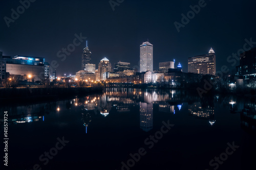 Obraz na płótnie The image captures a nighttime cityscape with illuminated skyscrapers reflected in a calm water body in the foreground w salonie