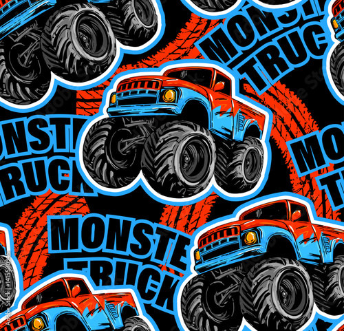 Abstract seamless grunge pattern for boy. Grunge  Monster Truck  trace of tire on colorful background. Extreme style