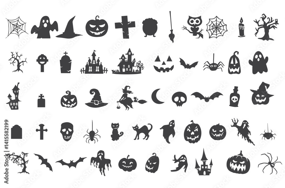 Naklejka premium This spooky Halloween vector set includes a variety of black silhouette icons representing classic Halloween elements. Featuring pumpkins, bats, ghosts, witches, haunted houses, spiders, and more.