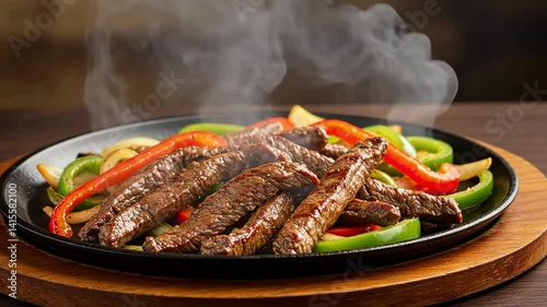 Sizzling beef fajitas served with bell peppers and onions on a black hot skillet