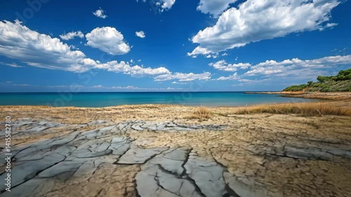 Cracked dry coastal land with blue sky and clouds near the calm turquoise sea
