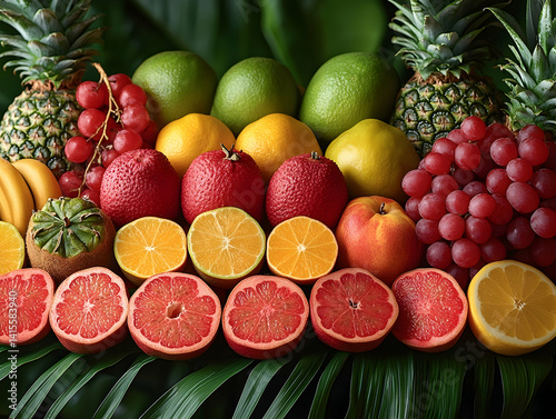 Diverse tropical fruit arrangement pineapples bananas oranges grapes lemons limes and pomelos resting on green lea