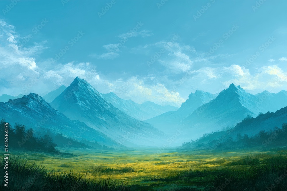 Obraz premium Valley Landscape with Misty Mountains and Cloudy Sky Nature Illustration