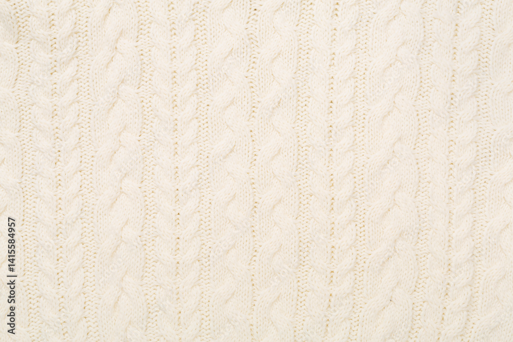 Fototapeta premium White knitted fabric texture as background, top view