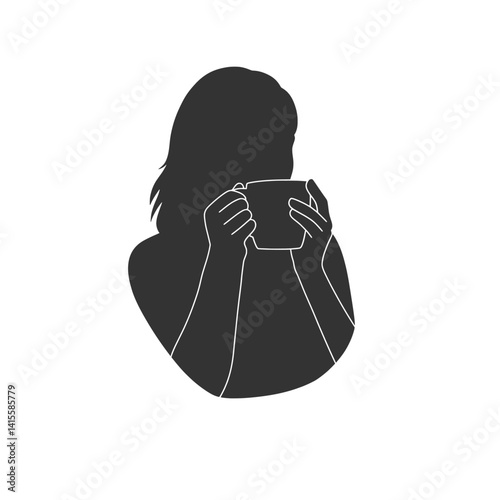 Woman Savoring Drink from Mug Mindful Moment Silhouette Vector